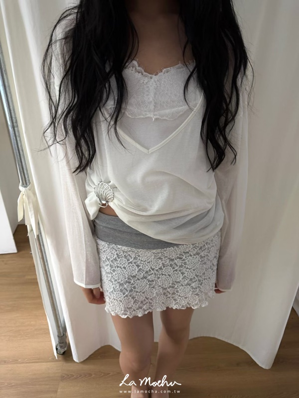 寬腰棉質拼蕾絲褲裙